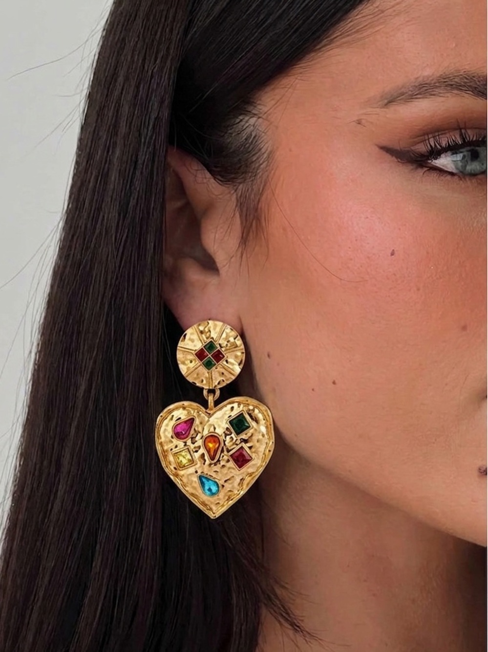 18K Gold Plated Heart Drop Earrings with Multicolor Stones
